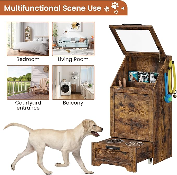 Dog Feeding Station, with Pet Feeding Station,Flip Top Dog Food Storage Cabinet, 2 Elevated Bowls, Includes 3 Hooks for Accessories – Space-Saving Design, Brown