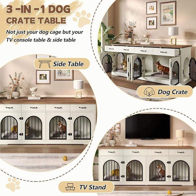 70.8'' Double Dog Crate Furniture for 2 Small and Medium Dogs,XXL Wooden Dog Kennel with 4 Storage Drawers,Removable Divider,Dog Crate TV Stand,Indoor Decorative Dog Cage with 4 Door,White