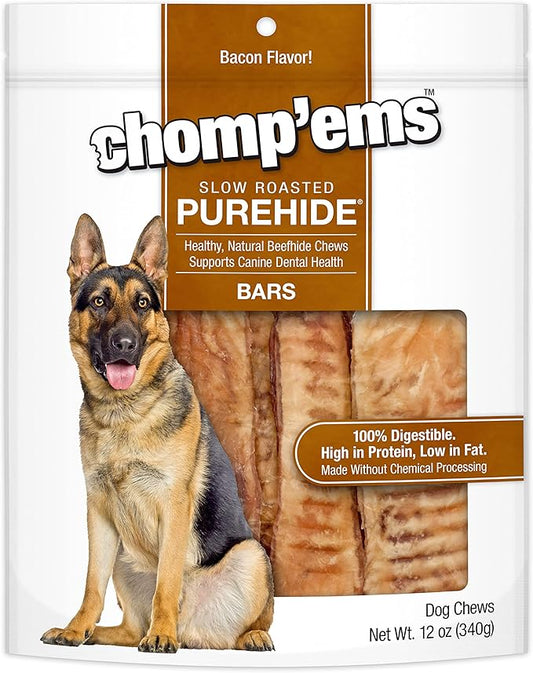 CHOMP 'EMS Purehide Beefhide Dog Chews, Bacon Flavor, 12 Oz - 100% Digestible Long Lasting Dental Treat
