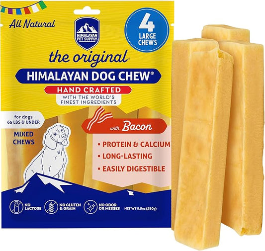 Himalayan Dog Chew Bacon Yak Cheese Dog Chews, The Better-for-You Chew, 100% Natural Long Lasting, Healthy Dog Treats, Lactose & Grain Free, Protein Rich, for Dogs 65 Lbs & Smaller, 4-Count