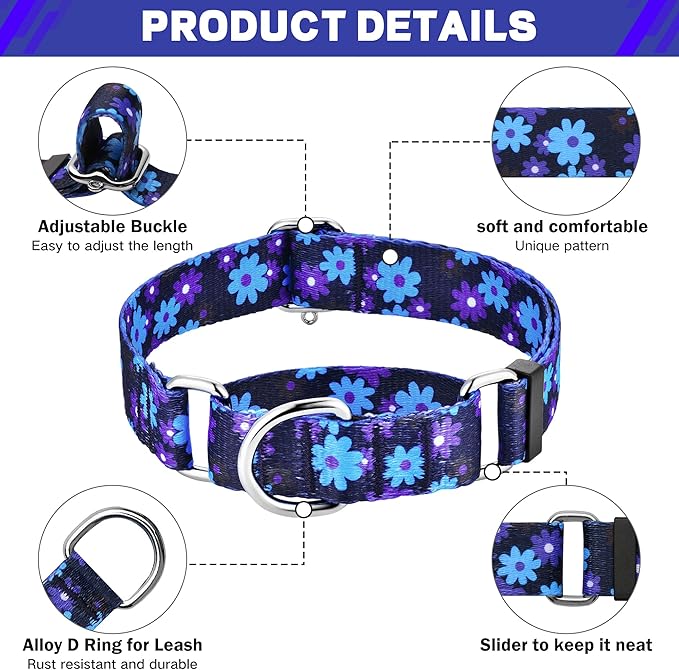 Hikiko Martingale Collar for Dogs with No Buckle Floral Dog Collars Soft Nylon No Slip Dog Collar for Medium Dog,Navy Blue Flower,M