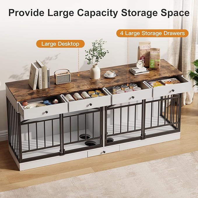 IDEALHOUSE 78.7" Double Dog Crate Furniture with Storage and 4 Doors, Dog Kennel Indoor with Feeding Bowls, Wood Dog Crate TV Stand for Small Medium Dogs, White