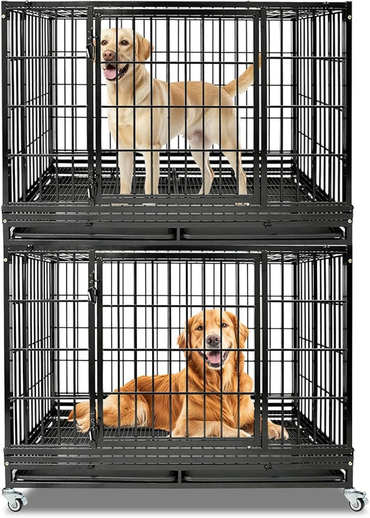2-Pack 47 Inch Heavy Duty Indestructible Dog Crate with Removable Tray, Escape Proof Metal Dog Cage Kennel Indoor with Double Door & Auto-Locks, Stackable Dog Crates Kennels for Anxiety Large Dogs, XL