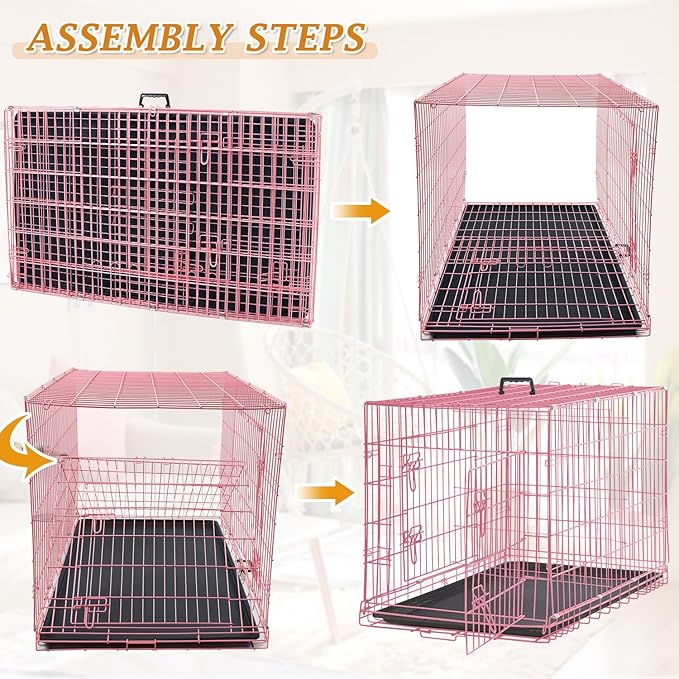 Folding Dog Crate 36" Metal Portable Outdoor Double Door Wire Large Cat Pet Dog Cage Kennel with ABS Tray LC & Divider, Pink