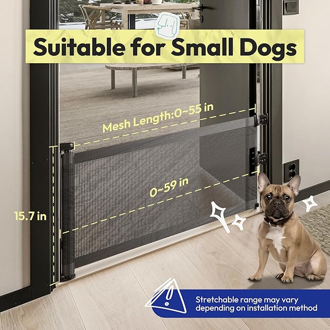 15.7" H Mesh Short Dog Gate, Extends Up to 59" W Retractable Pet Gate with Drill Installation, Small Dog Gate for Stairs, Easy Step Over Low Puppy Gate for Doorways Indoor Outdoor, Black