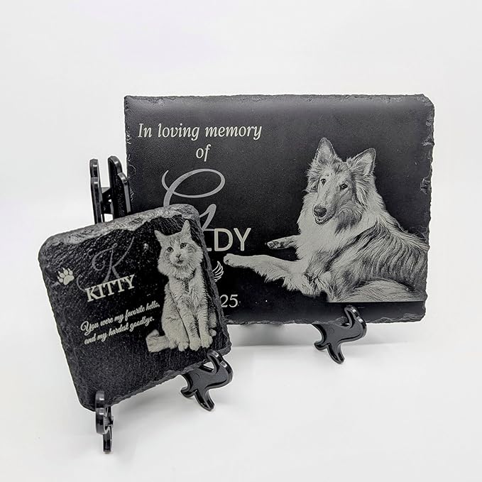 lemuria 4x4” Pet Memorial Stone – Personalized Black Slate Grave Marker – Custom Engraved Dog or Cat Headstone for Indoor or Outdoor Use (4x4 inches)