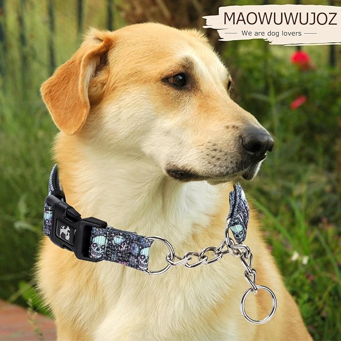 Martingale Collar - Reflective Nylon with Padded Comfort & Quick Release Buckle - Skull Design, No Slip Choke Heavy Duty Collar for Safe Training, Walking & Nighttime Use XL