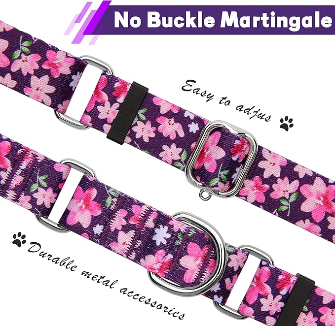 Hikiko Martingale Collar for Dogs with No Buckle Purple Floral Female Dog Collar Cute Girl Dog Collars for Medium Dogs,Japanese Purple,M