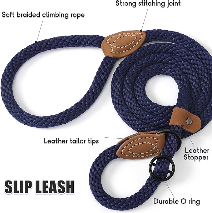 Mile High Life Slip Leads for Dogs | Heavy Duty Dog Training Leash | 5 Feet No Pull Slip Leashes w Leather Tip | Navy Rope Lead for Dogs Outside