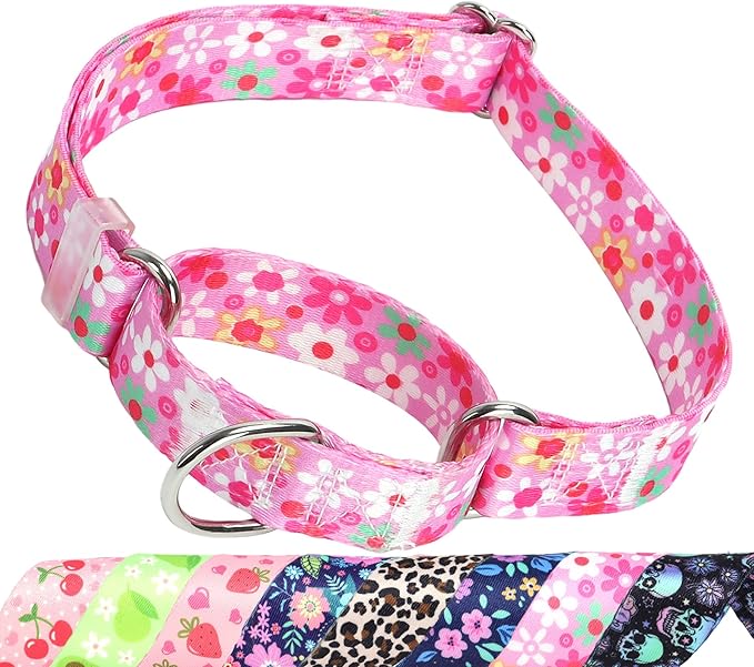 Martingale Collar for Dogs, Pink Flowers Martingale Collar with Adjustable No-Slip Escape Proof Choke No Pull for Small Medium Large Girl Female Dogs Collar L