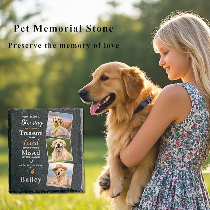 Custom Pet Memorial Stone - Dog Memorial Stone for Loss of Pet - Personalized Pet Headstone with Multiple Photo - Outdoor Garden Indoor Dog Cat Loss Bereavement Gift for Pet Lovers (02)