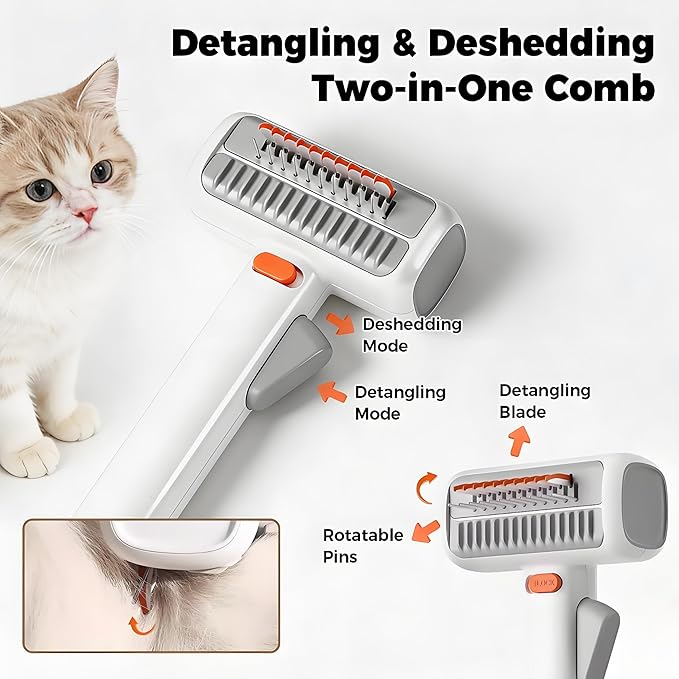 2-in-1 Self Detangling Grooming Comb for Dogs & Cats – Dematting Brush & Undercoat Rake for Long or Short Hair, Effortlessly Removes Mats, Tangles & Loose Fur for a Smooth, Healthy-Looking Coat