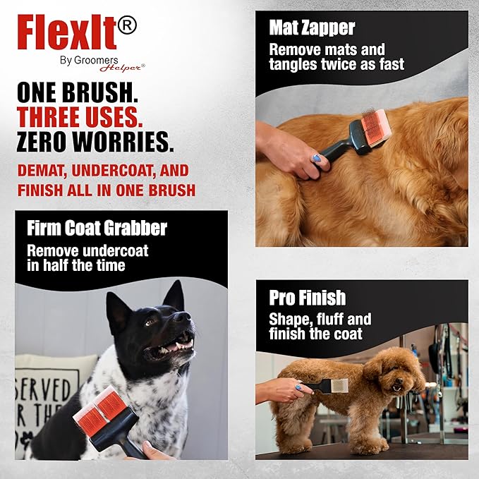 FlexIt Home - Flexible Slicker Brush for Dogs - Dog Grooming Brush for Poodles, Golden Doodles, Huskies, Retrievers, and Labradoodles - Professional 3-in-1 System & Video Trainings (Double, Soft Flex)