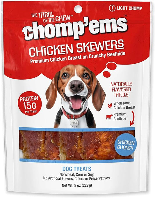 Chomp'ems Chicken Skewers, 8 oz - All Natural Rawhide Wrapped with Premium Chicken Breast - Healthy, Protein Rich Treats for Dogs - Dog Chews