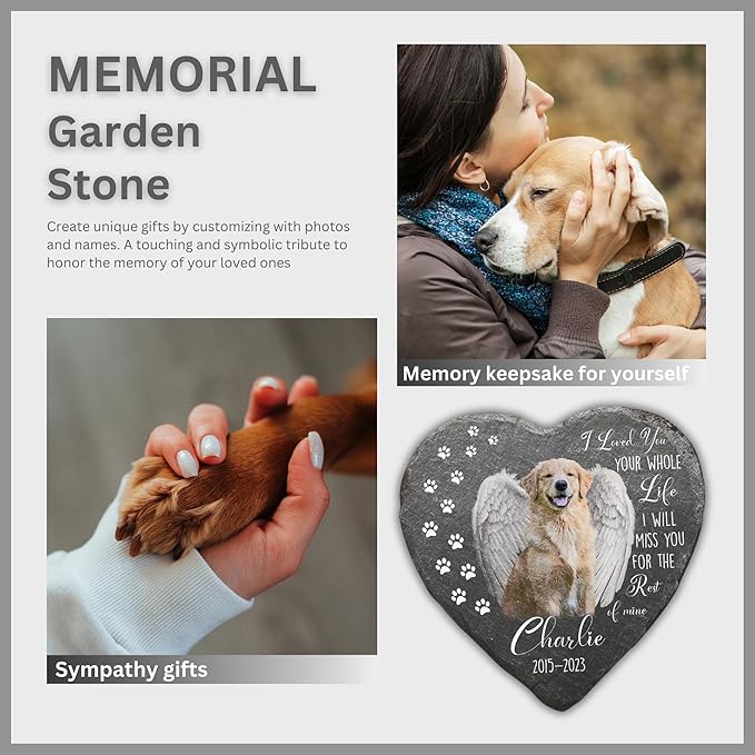 Wrappiness Pet Memorial Stone - We Loved You Your Whole Life, Personalized Dog Memorial Gifts, Remembrance Condolences Bereavement Gifts for Loss of Pet Custom Photo (Heart 06, Stone with Stand)