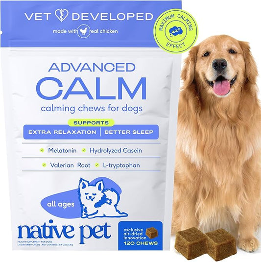 Native Pet Advanced Calming Chews for Dogs Large Breed - Anxiety Relief, Stress, Separation & Sleep Support with Melatonin for Dogs, Hydrolyzed Casein, Valerian Root & L-Tryptophan - 30 Days Supply