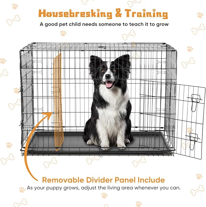 DUMOS Dog Crate, 48 Inch Extra Large Double Door Dog Cage with Plastic Leak-Proof Pan Tray, Folding Metal Wire Pet Kennel for Indoor, Outdoor, Travel