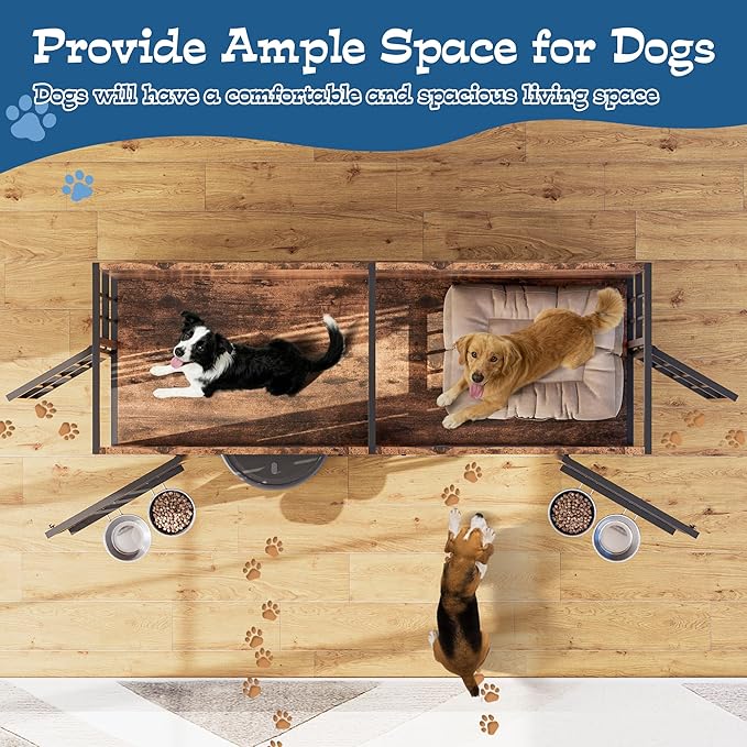 Grepatio 63" Double Dog Crate Furniture for 2 Dogs, Large Dog Kennel with 360° Rotating Feeder Bowls, Indoor Double Dogs Crates with 4 Doors, Wooden Crate TV Stand with Removable Divider