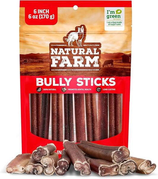 Natural Farm Odor-Free Bully Sticks (6 Inch, 6 Ounces), Packaged by Weight, 100% Beef Chews, Grass-Fed, Fully Digestible Treats to Keep Your Puppies, Small and Medium Dogs Busy