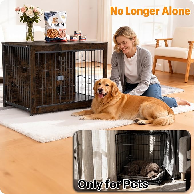 Furniture Style Dog Crate, 43" Wooden Dog Kennel End Table with Solid Top, Indoor Pet Crate House with Secure Slide Lock, Modern Dog Cage Furniture for Small & Medium Dogs, Aged Black