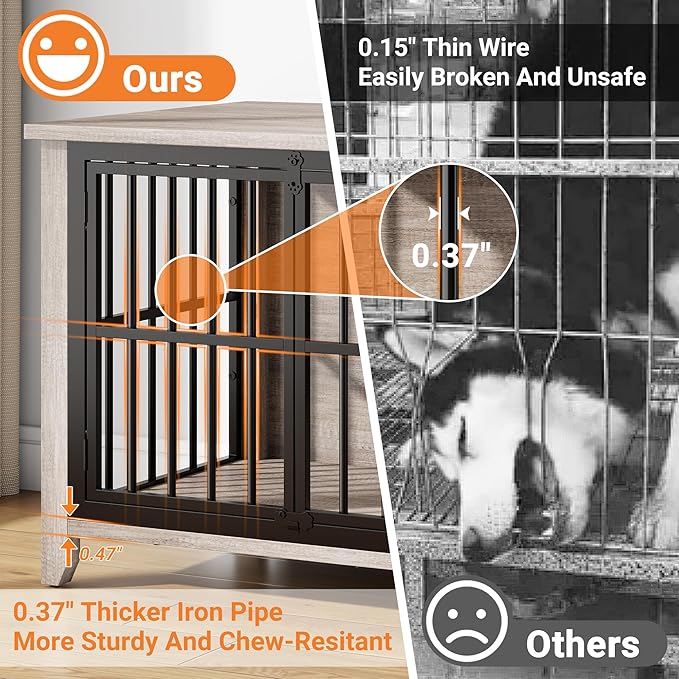 31.5" Dog Crate Furniture, Wooden Dog Kennel Indoor with 360° Rotating Feeder and 2 Adjustable Bowls, Decorative Side End Table Dog Cage for Medium and Small Dogs, Grey