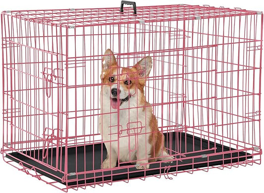 Folding Dog Crate 36" Metal Portable Outdoor Double Door Wire Large Cat Pet Dog Cage Kennel with ABS Tray LC & Divider, Pink