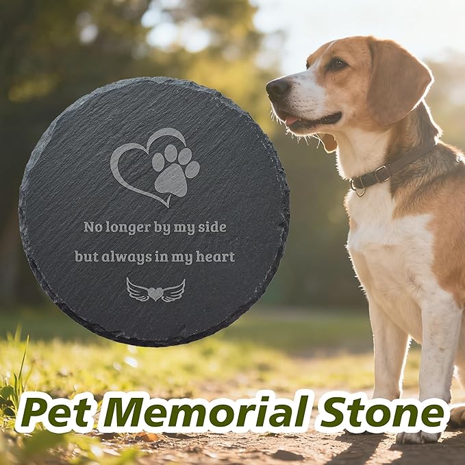 Dog Cat Memorial Stone Round 4” with Paw Print, “No Longer By My Side But Always in My Heart” Engraved Pet Grave Marker, Outdoor Garden Memorial Rock, Pet Loss Sympathy Gift