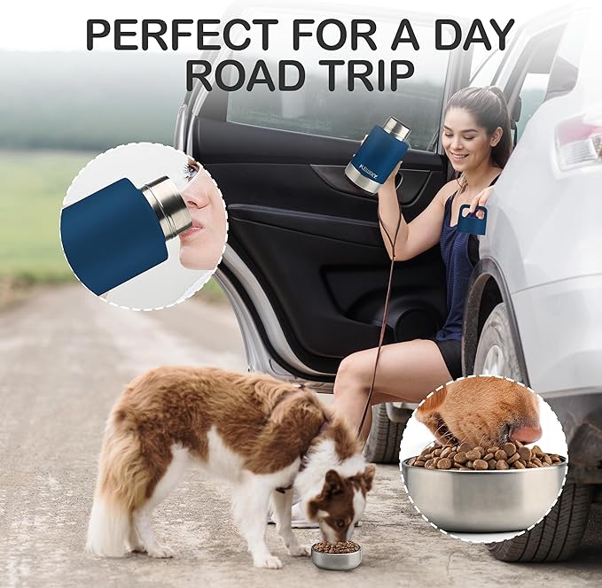 Insulated Dog Travel Water Bottle with Detachable Bowls, 3 in 1 Portable Dog Water Bottle Dispenser, Dog Accessories for Walking, Hiking, Camping, Outdoor (Navy Blue, 32 Oz)