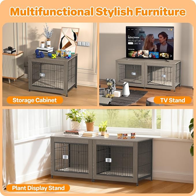Furniture Style Dog Crate, 27" Wooden Dog Kennel End Table with Solid Top, Indoor Pet Crate House with Secure Slide Lock, Modern Dog Cage Furniture for Small & Medium Dogs, Greige