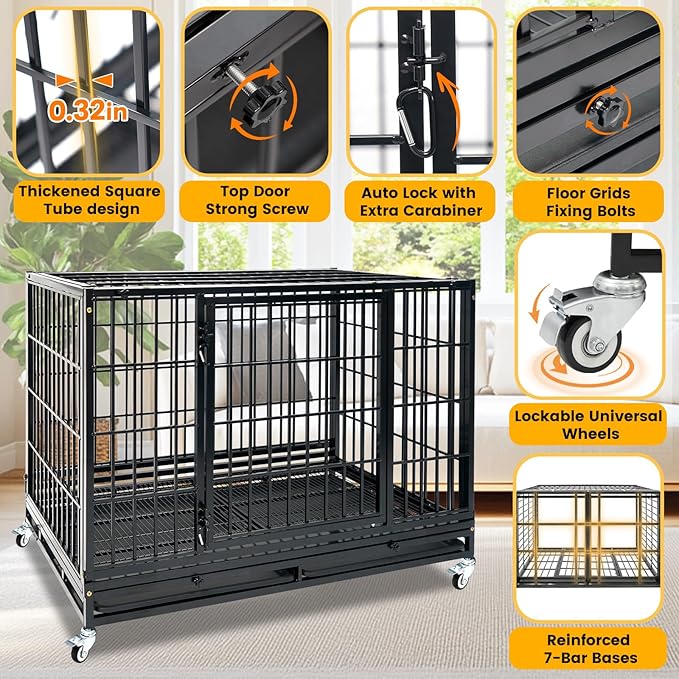 Stackable 47 Inch Heavy Duty Dog Crate for High Anxiety Large Dogs, Indestructible Escape Proof Dog Cage Kennel Indoor with Double Door, Dual Locks, Lockable Wheels, Strong Metal Grid & Removable Tray
