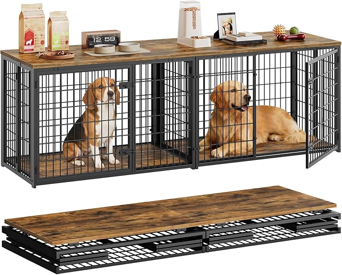 Foldable Dog Crate Furniture for 2 Dogs, 78.7'' Double Dog Kennel Indoor with Removable Divider, Heavy Duty Dog Cage, for Small/Medium/Large Dog, TV Stand, Rustic Brown DC200BR