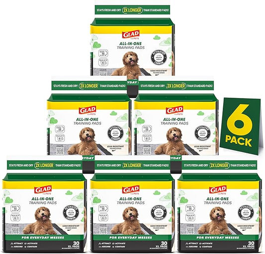 Glad for Pets Extra Large Charcoal Dog Training Pads, Absorbent Leak Proof Pee Pads for Dogs and Puppies, Odor Control Potty Pads with Activated Carbon, 28 x 30 Inches, 30 Count - 6 Pack