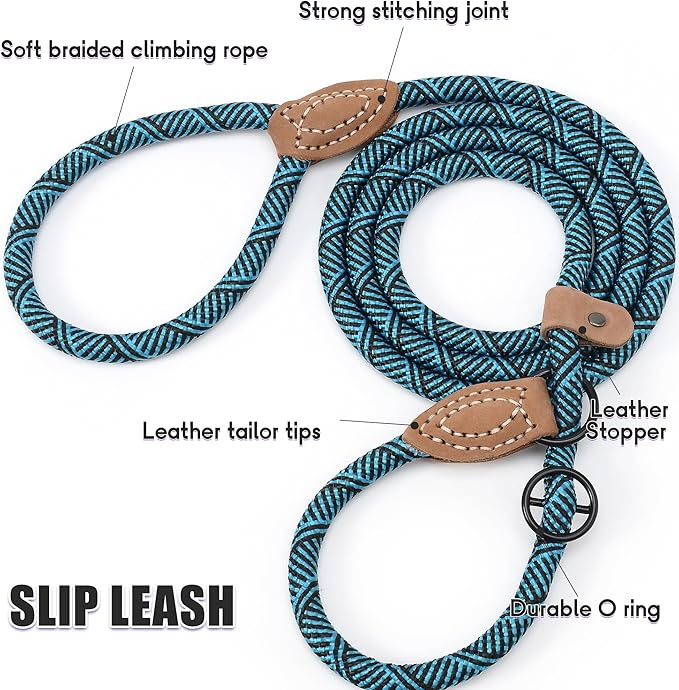 Mile High Life Slip Leads for Dogs | Heavy Duty Dog Training Leash | 6 Feet No Pull Slip Leashes w Leather Tip | Climbing Rope Lead for Dogs Outside
