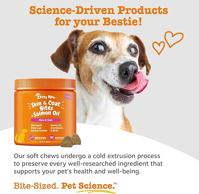 Zesty Paws Salmon Oil for Dogs Skin and Coat, Omega 3 Fish Oil Chews, Dog Allergy Relief Chews, Itch Relief Supplement, 250 Count, Salmon Flavor