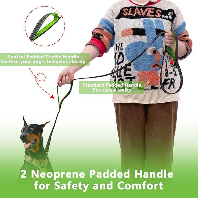 Dog Leash 5ft Long, Double Handle Dog Leash for Safety Control Training, Heavy Duty Dog Leads with Traffic Padded Handles, Reflective Leashes for Small Medium Large Dogs(5ft, Black Green)