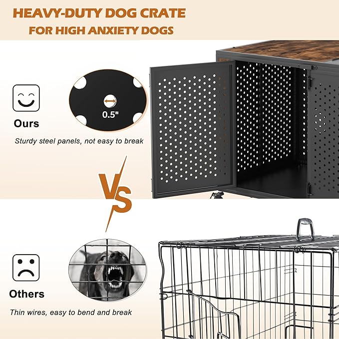 48" Heavy Duty Dog Crate Furniture for Extra Large Dogs, Enclosed Design with 0.5 inch Holes, Indestructible Metal Kennel for High Anxiety Dogs, Chew Proof Pet Cage House Indoor, Brown