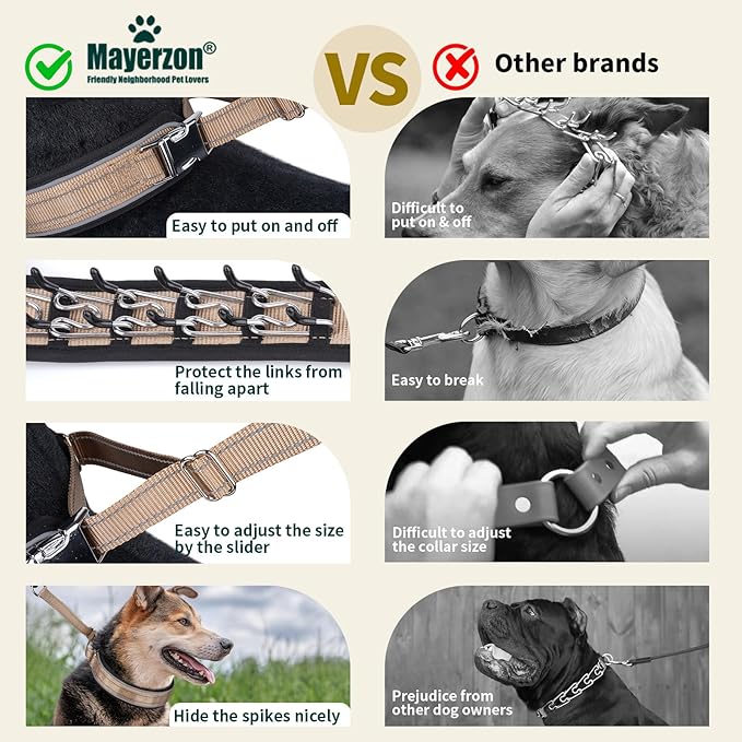 Mayerzon Prong Collar for Large Medium Dogs, Patented Reflective Pinch Collar with Metal Buckle, No Pull Adjustable Hidden Covered Dog Walking Training for Pitbull German Shepherd Doberman (Brown, XL)
