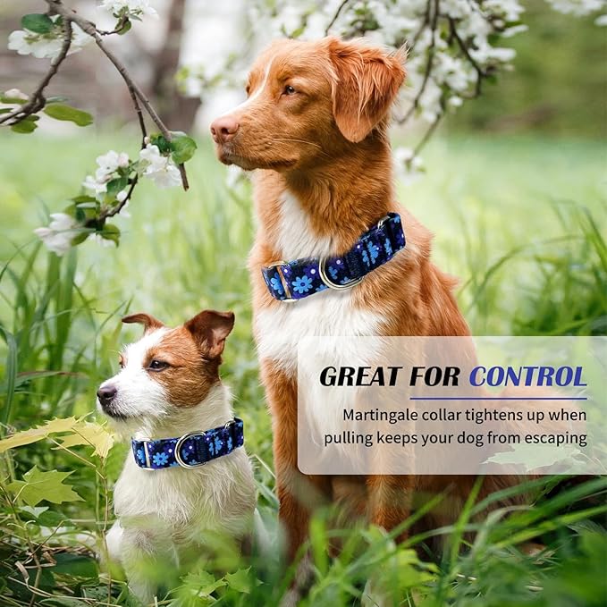 Hikiko Martingale Collar for Dogs with No Buckle Floral Dog Collars Soft Nylon No Slip Dog Collar for Small Dogs,Navy Blue Flower,S