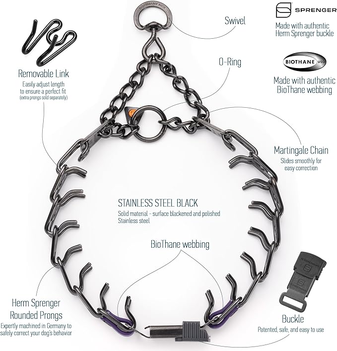 Herm Sprenger Black Stainless Steel Dog Collar with Short Links and Quick Release ClicLock Buckle and Biothane Insert Made in Germany 20in x 3.0mm (Neck Size up to 16-17in) (Violet Purple)