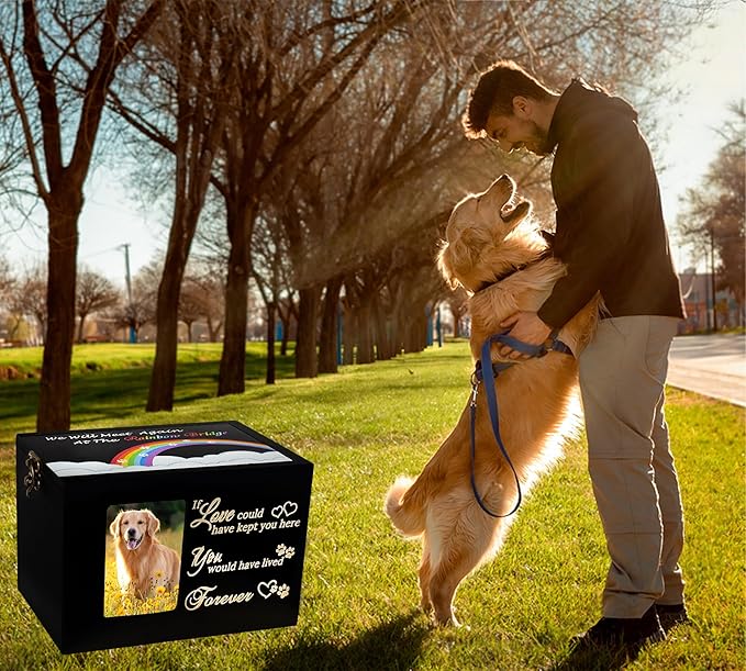 Sofunii Pet Urns for Dogs or Cats Ashes,Large Wooden Funeral Cremation Memorial Box with Photo Frame,Rainbow Bridge Keepsake with Black Flannel as Lining,Loss Pet Memorial Remembrance Gift