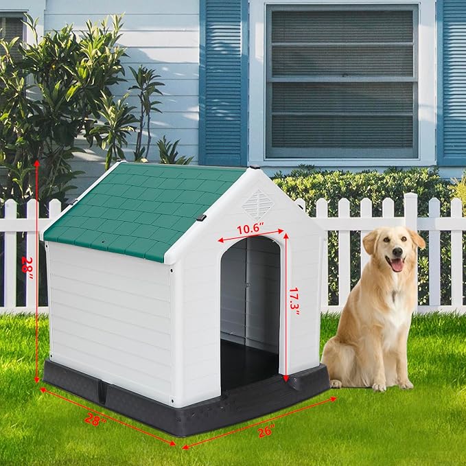 Large Plastic Dog House Indoor Outdoor Doghouse Dog Kennel Easy to Assemble Puppy Shelter with Air Vents Elevated Floor Waterproof Green