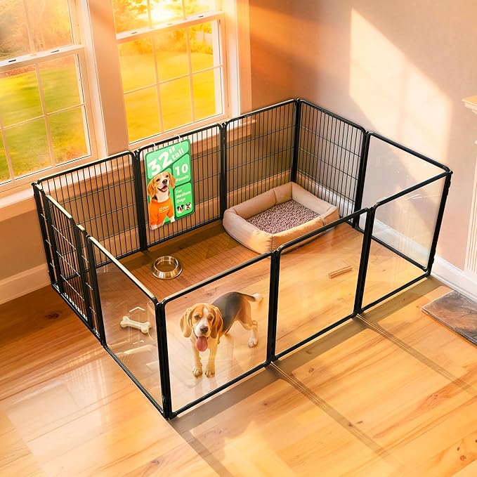 FXW AuraSpace Pro Acrylic & Wire Mesh Indoor Dog Playpen, 32" Height 10 Panels Metal Dog Pen for Small and Medium Dogs, Black│Patented