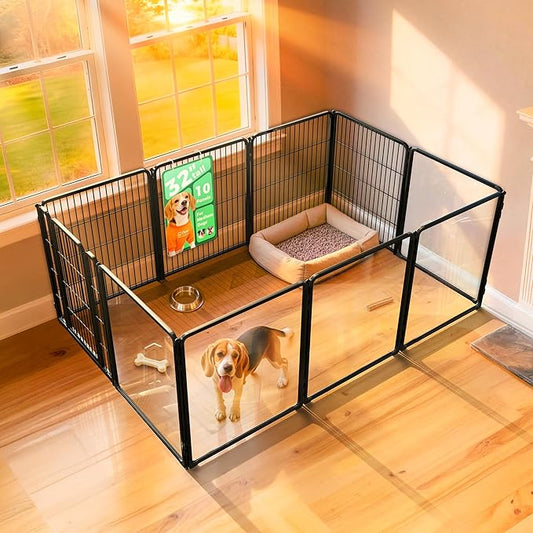 FXW AuraSpace Pro Acrylic & Wire Mesh Indoor Dog Playpen, 32" Height 10 Panels Metal Dog Pen for Small and Medium Dogs, Black│Patented