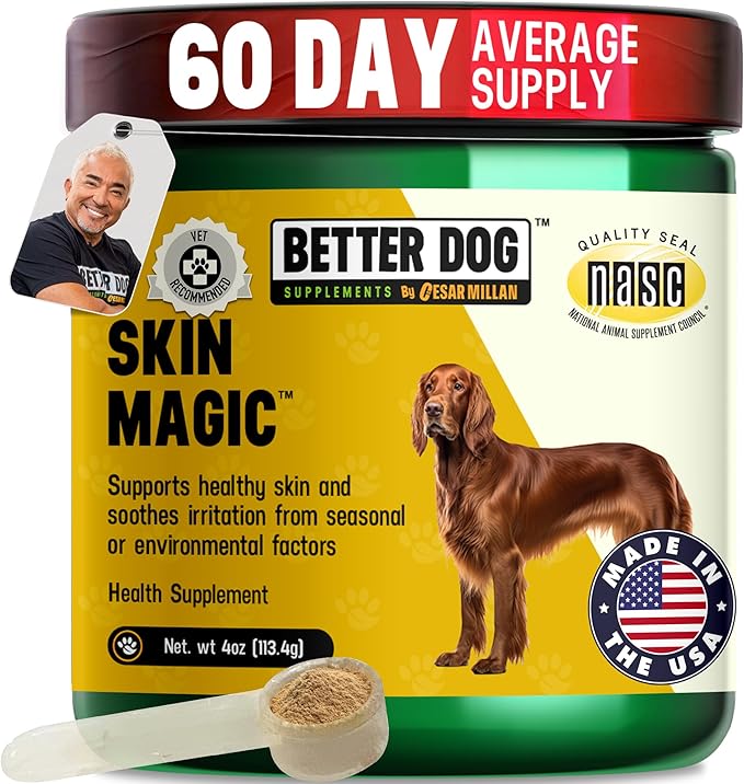 Better Dog Supplements Skin Magic by Cesar Millan – Natural Skin and Coat Supplement for Dogs Irritation from Seasonal Factors, Hot Spots, & Itch Relief Dog Skin Supplement – 4oz (60-Day Supply)
