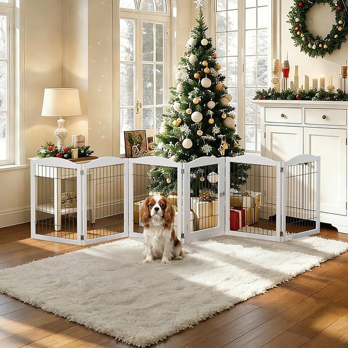 VINGLI Freestanding Dog Gate with Door, Pet Gate with Walk Through Door, Foldable Pet Safety Fence for Stairs Doorways Fireplace (30" H - 6 Panels)