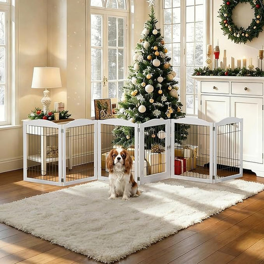 VINGLI Freestanding Dog Gate with Door, Pet Gate with Walk Through Door, Foldable Pet Safety Fence for Stairs Doorways Fireplace (30" H - 6 Panels)
