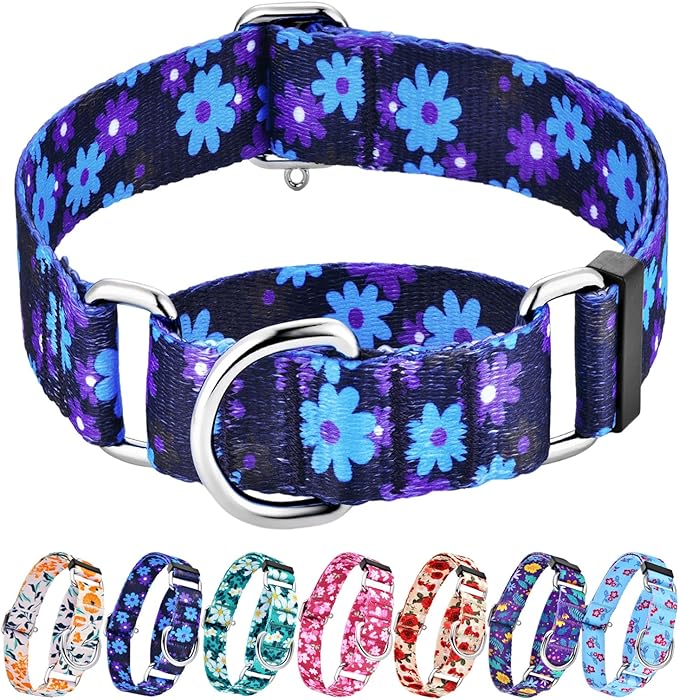 Hikiko 1.5 inch Martingale Collar with No Buckle Heavy Duty Floral Dog Collar for Medium Large Dogs,Navy Blue Flower