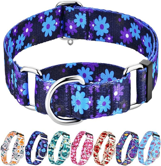 Hikiko 1.5 inch Martingale Collar with No Buckle Heavy Duty Floral Dog Collar for Medium Large Dogs,Navy Blue Flower