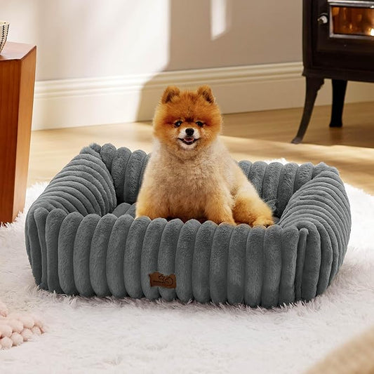 Bedsure ComfyFleece™ Cute Dog Bed for Small Medium Dogs - Washable Furry Puppy Beds, Rectangle Orthopedic Corduroy Fleece Pet Beds with Removable Zipper Cover, 25x21x7inches, Warm Grey