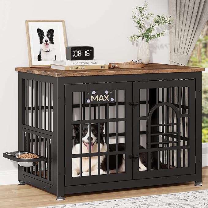 Dog Crate Furniture with Name Tag, Dog Kennel Indoor with 360° Rotating Feeder and Adjustable Heights Bowls, Wooden Decorative Pet Cage End Table for Small Medium Dogs, Rustic Brown 37.8" L